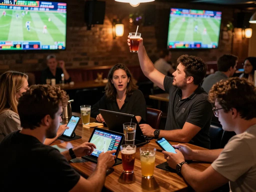 Engaged players making strategic bets on sports during an exciting evening at VK88's betting venue, with vibrant atmosphere.