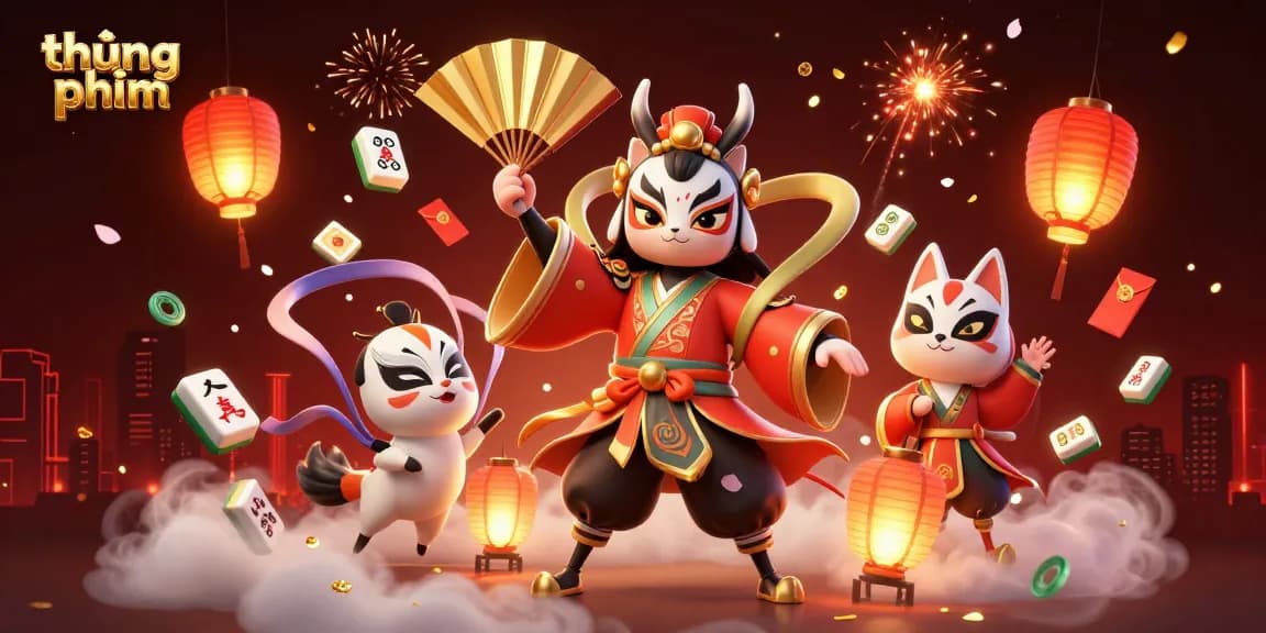 Engage with thúng phim exploring an enchanting 3D scene of a kabuki warrior and companions celebrating in a casino.