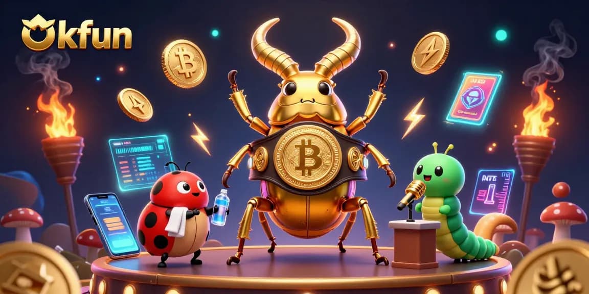 Betting with Okfun: Glowing characters and crypto coins in an electrifying casino scene.