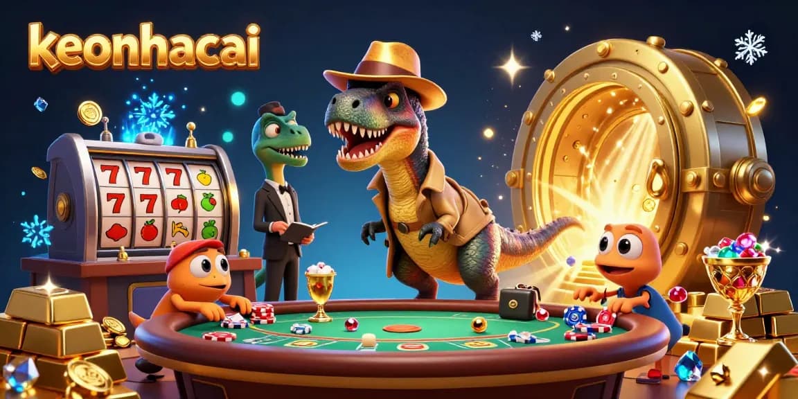 Experience keonhacai excitement with a velociraptor at a blackjack table, surrounded by treasures.