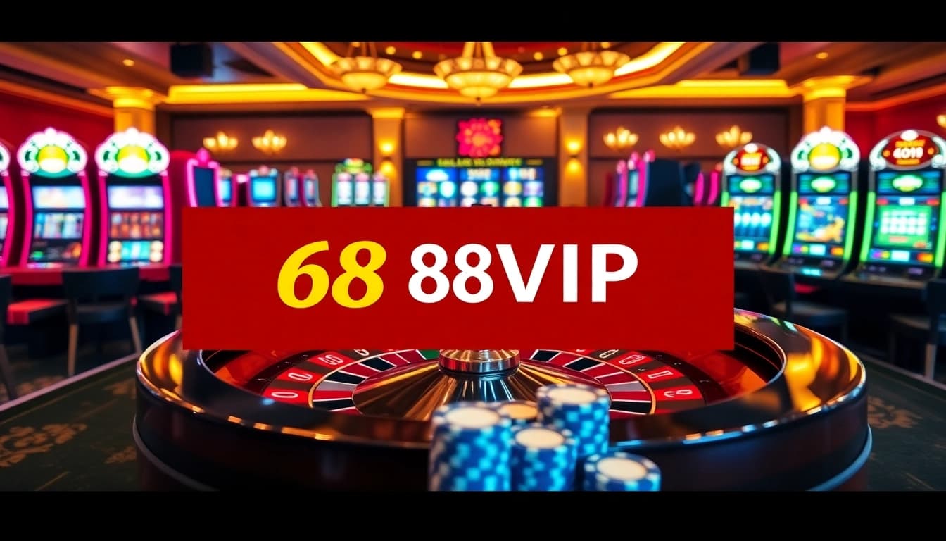Experience the thrill of gambling with 68VIP, featuring a luxury roulette wheel and vibrant casino atmosphere.