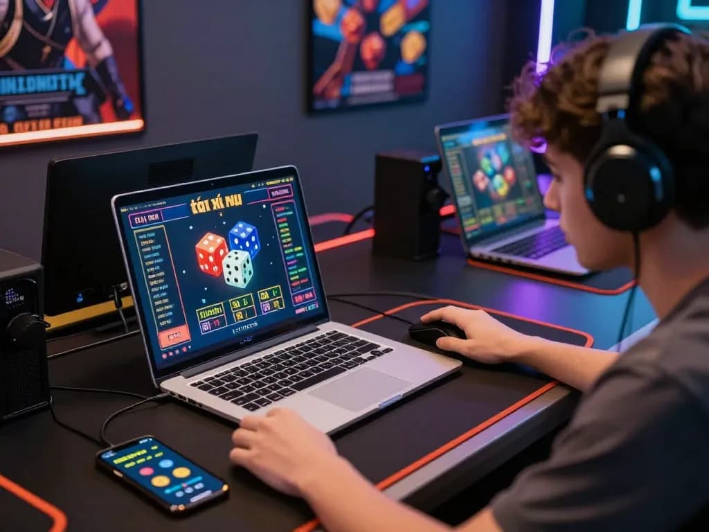 Young player focused on a laptop displaying vibrant tài xỉu online interface with colorful graphics.