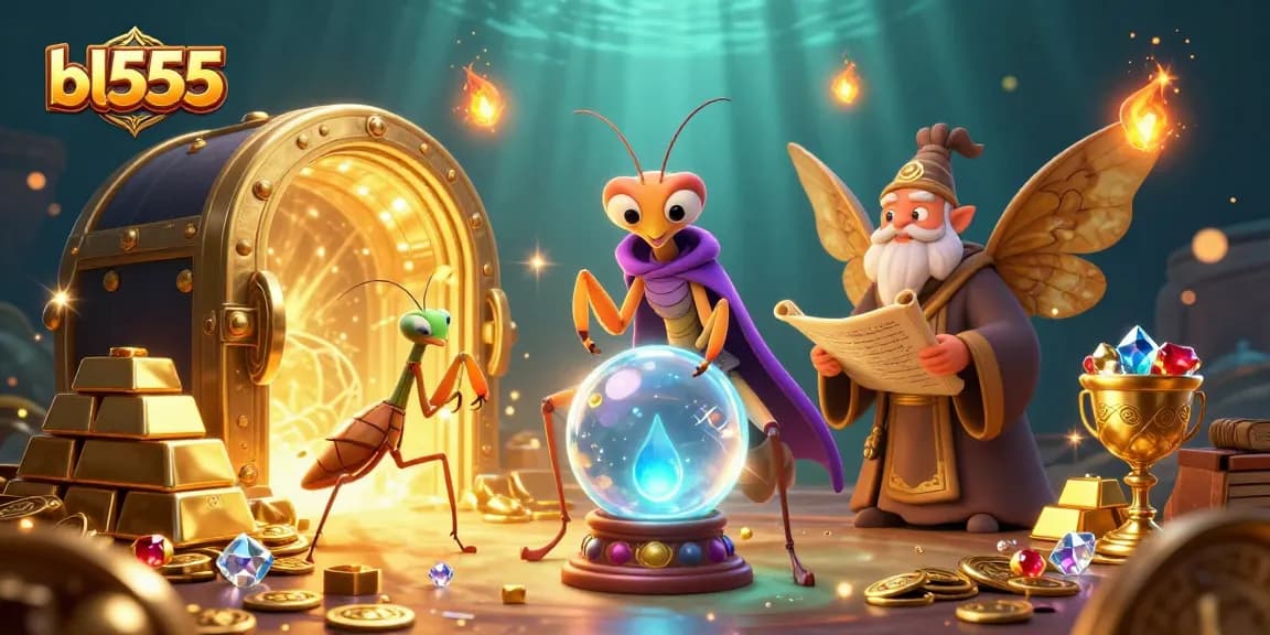Engage with bl555 featuring a lively casino scene with mystical characters, gems, and treasures.