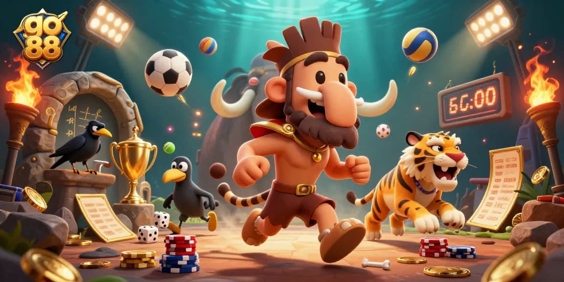 Win big with go 88 in a vibrant prehistoric casino, featuring dynamic sports elements and a clever crow.