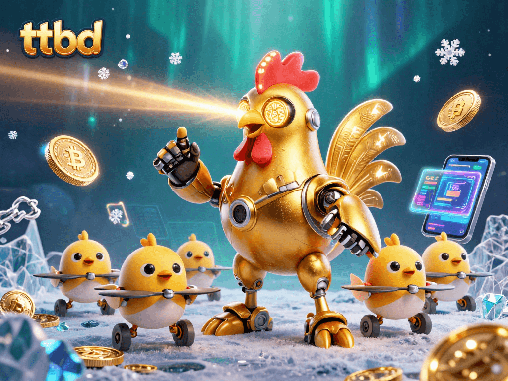 Engage with ttbd in a vibrant 3D cartoon scene showcasing a golden rooster robot and crypto elements.