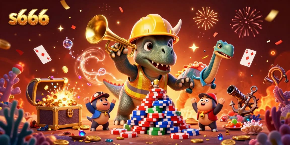 S666 casino features a playful scene with cartoon dinosaurs celebrating at a poker chip pyramid.