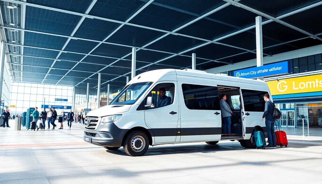 Passengers boarding a shuttle van at London City airport, showcasing vibrant travel dynamics.