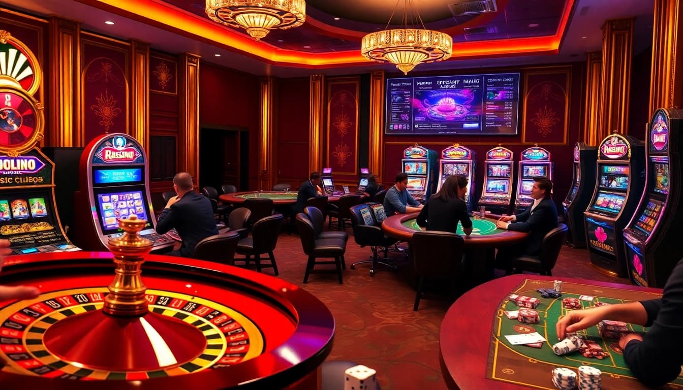 Exciting gaming scene with roulette, poker, and slots at https://f168i.tv/ casino, showcasing luxury and thrill.