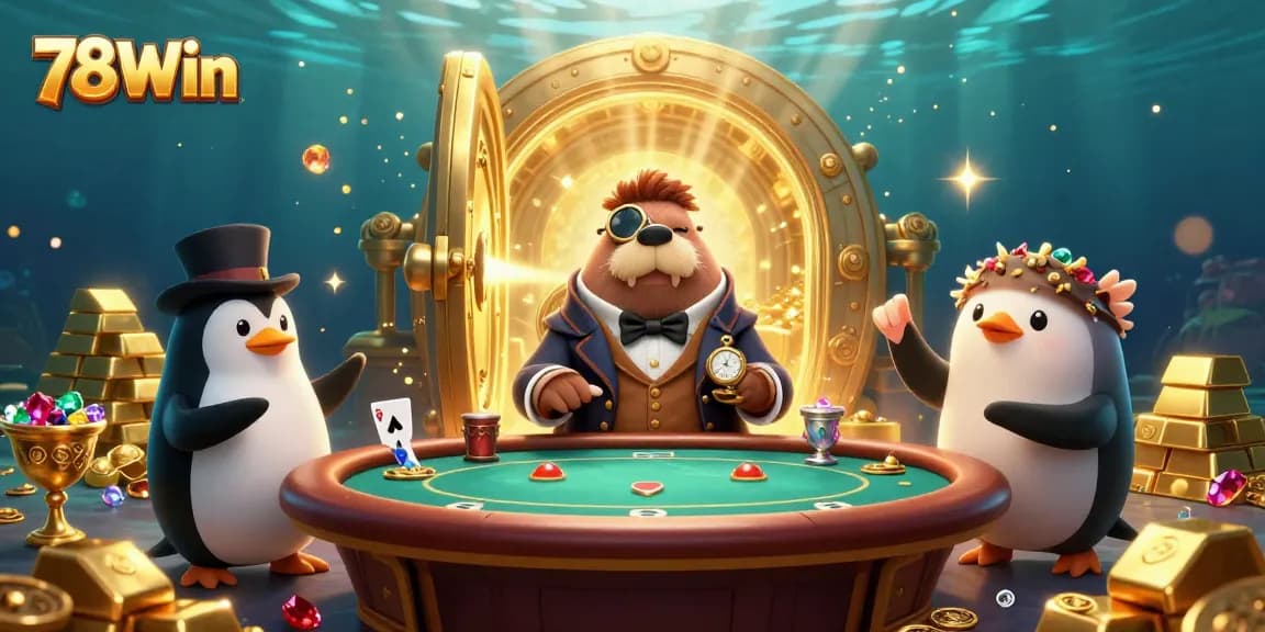 78Win showcases a jolly walrus and penguin at an underwater casino poker table surrounded by gold treasures.