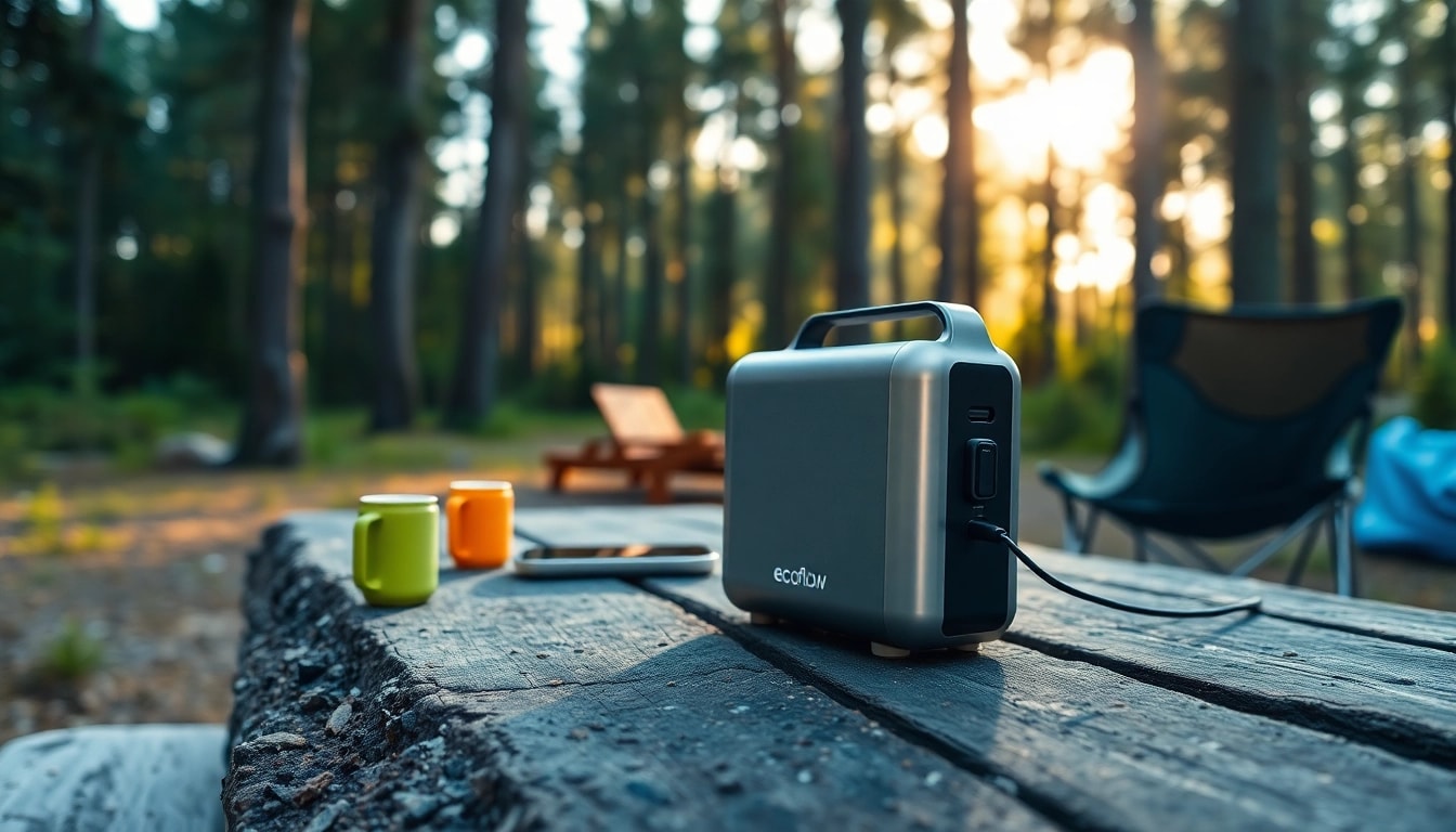 EcoFlow portable power station displayed in an outdoor setting, highlighting its features for camping.