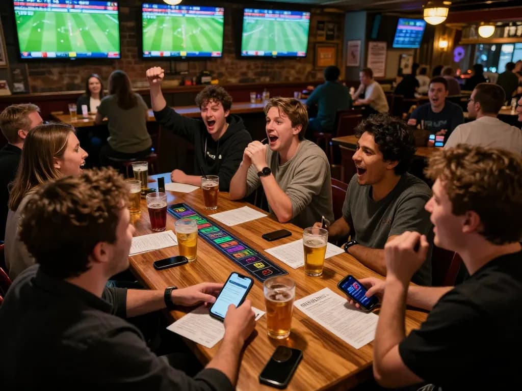 Friends engaged in a lively sports betting session using the 7mcn app, showcasing excitement and camaraderie.