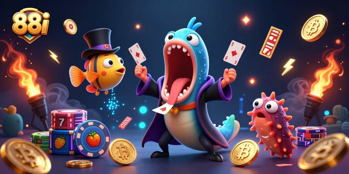 Experience thrilling card tricks with a vibrant 88i deep-sea casino illustration featuring lively sea characters.
