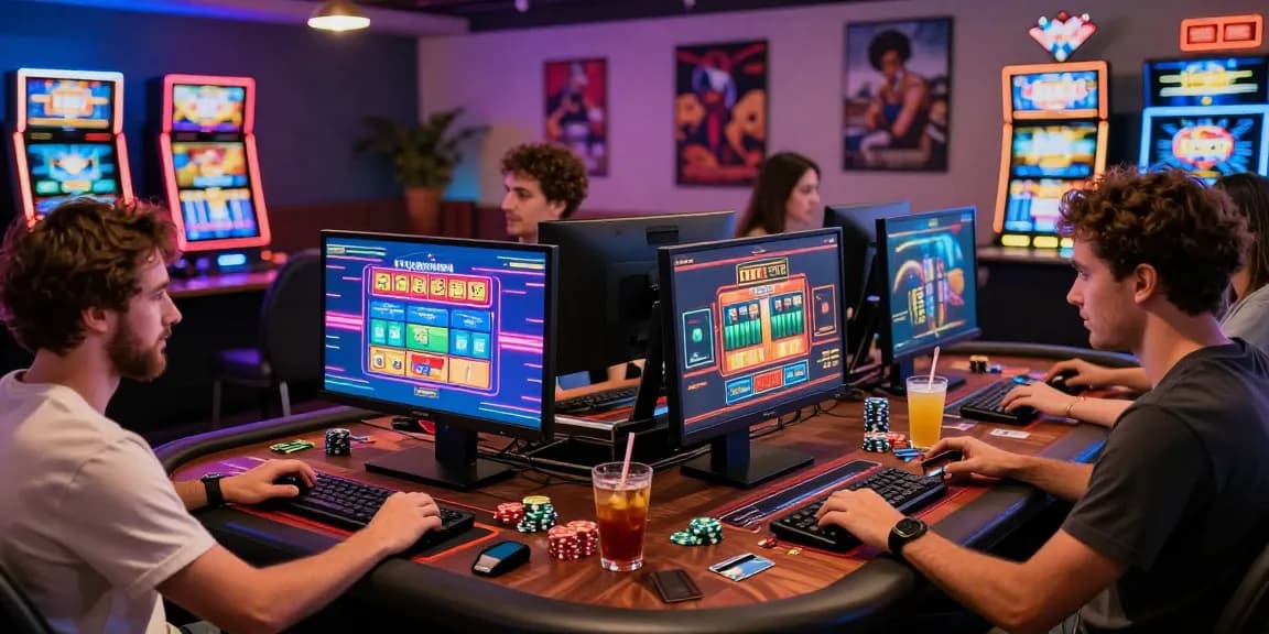 Exciting gaming setup displaying credit card casinos, players engaging with vibrant slot machines and table games.