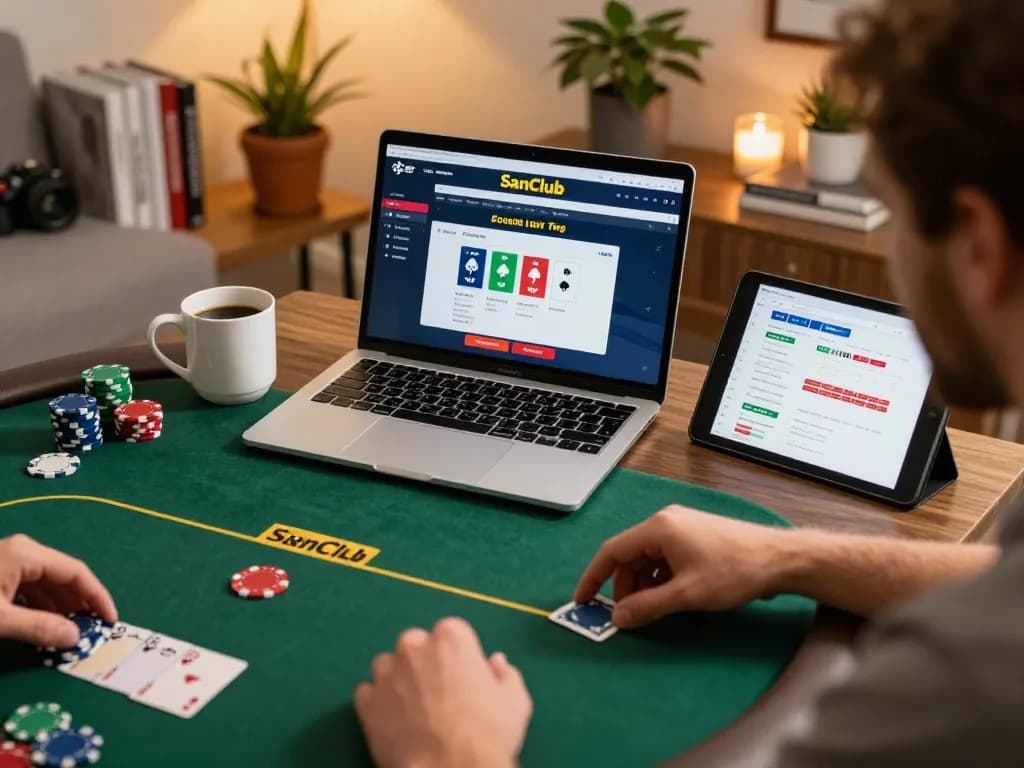 Player enjoying an online poker game on Sanclub, showcasing strategy notes and a cozy atmosphere