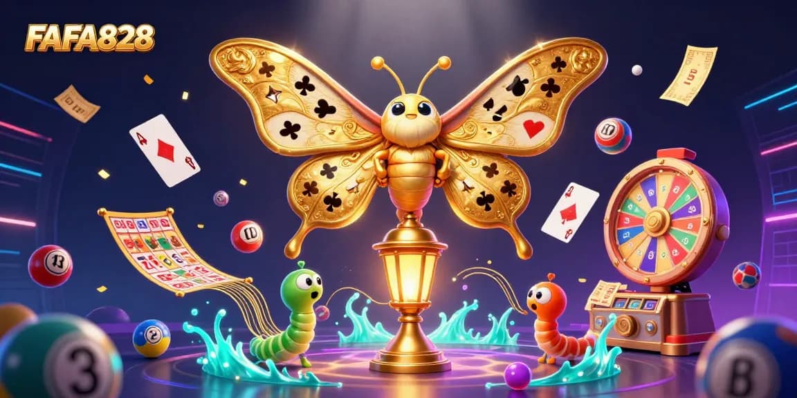 Experience the excitement of FAFA828 with a vibrant casino scene featuring a golden atlas moth and dynamic lottery elements.