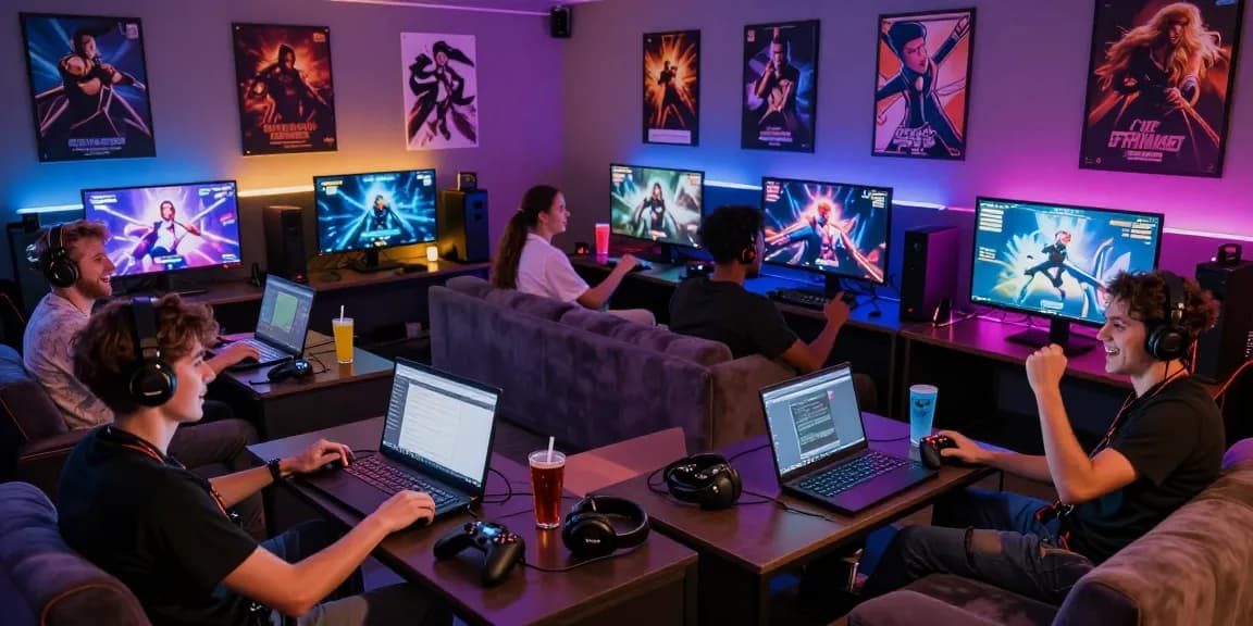 Group of adults enjoying sex games online in a vibrant gaming lounge.