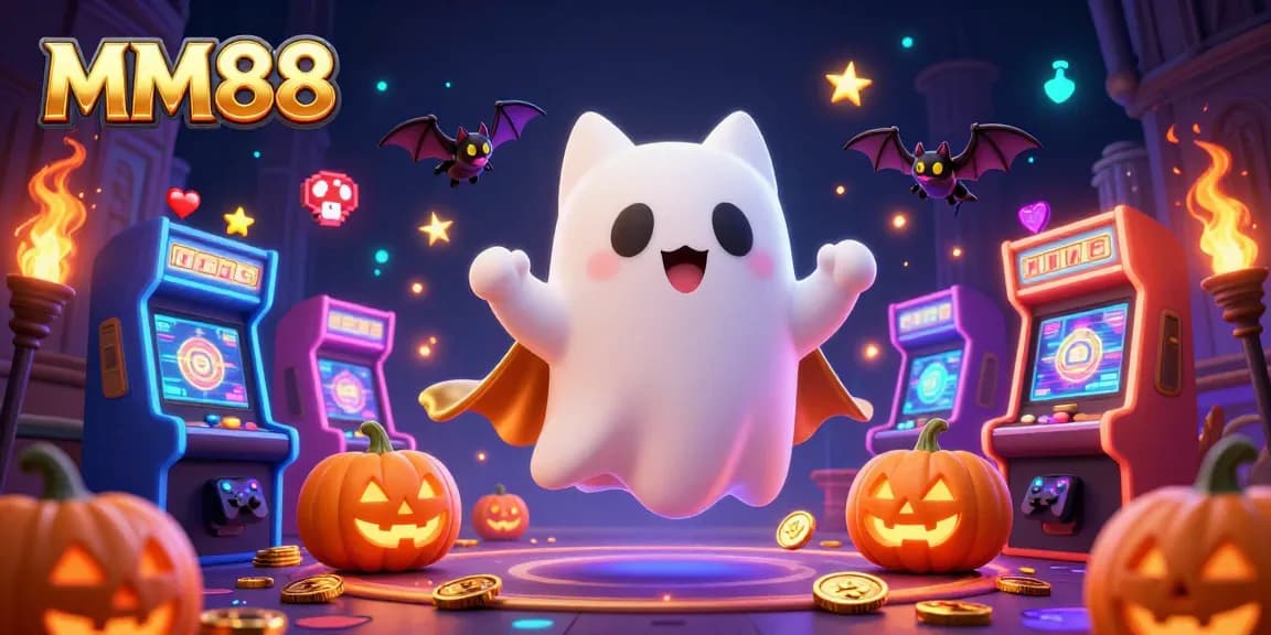 Engage with MM88 as a ghost cat and bat companions explore a vibrant haunted casino.