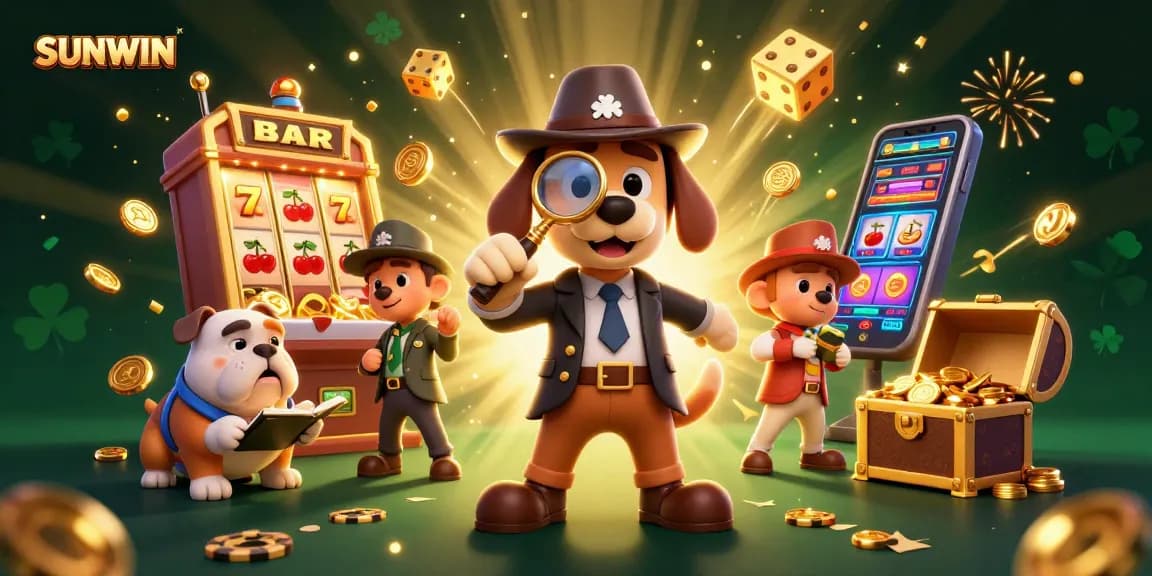 SUNWIN slot games explode with fortune, featuring dynamic slot machines and colorful characters in a vibrant casino scene.