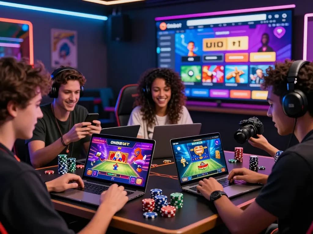 Engaging Onbet online gaming experience with friends enjoying mobile and laptop gaming in a vibrant atmosphere.