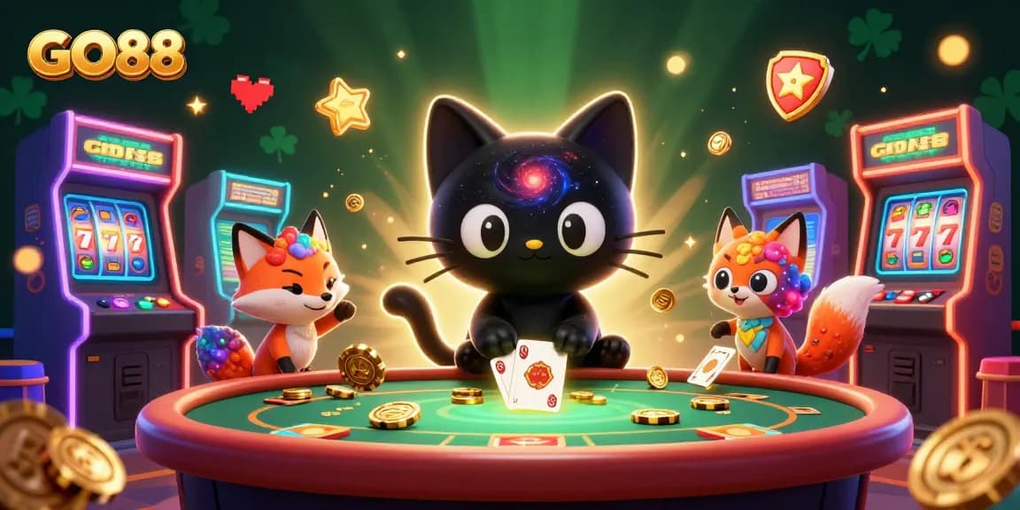 Join the thrilling GO88 casino experience with an interactive cosmic casino scene featuring games and vibrant characters.