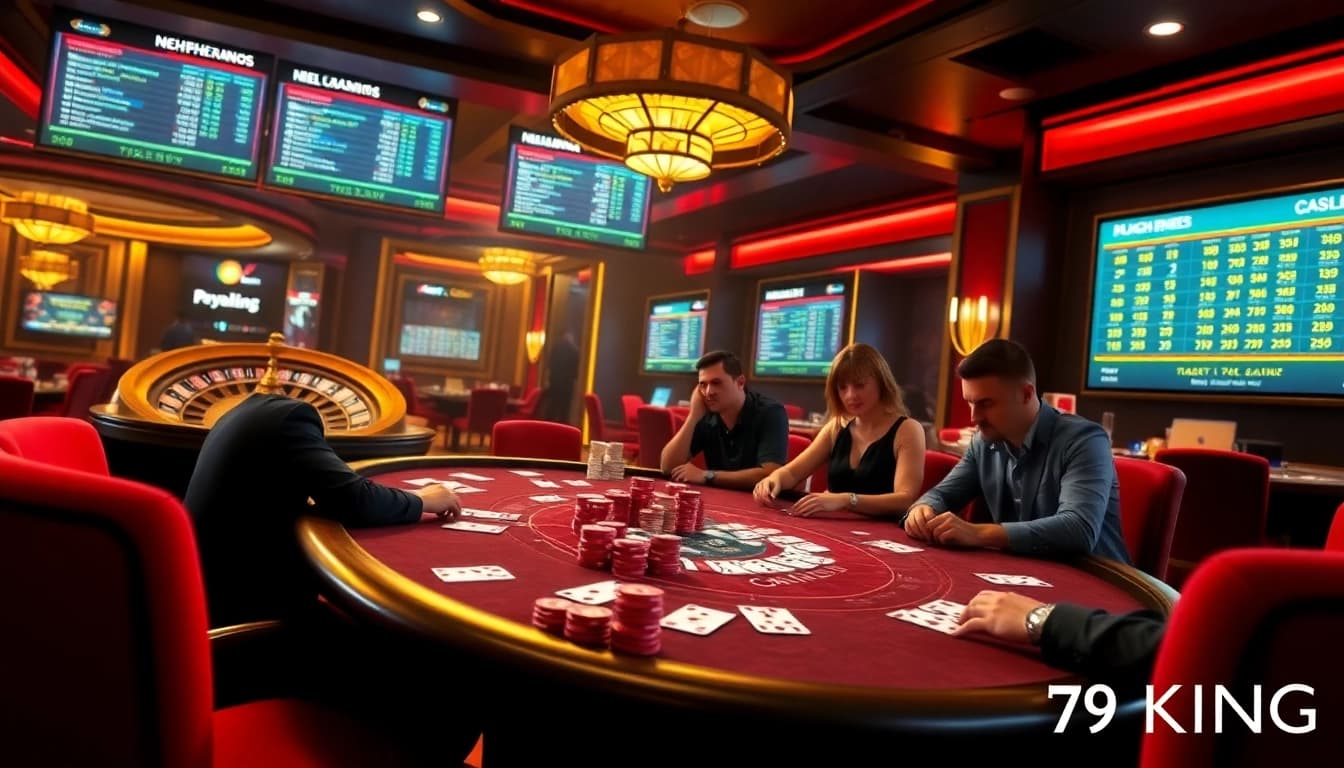 79KING poker players strategizing at a high-stakes table in a luxurious casino atmosphere.