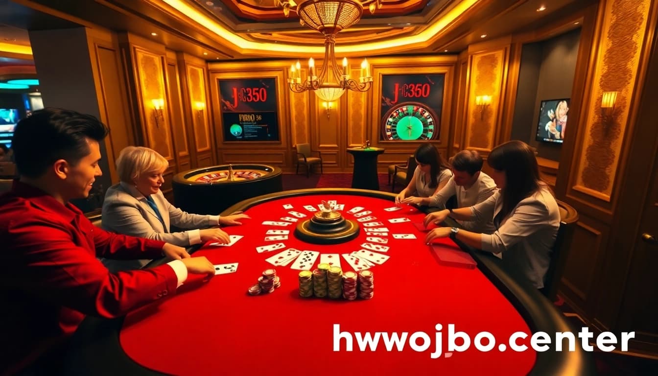 Players enjoy a thrilling poker game at JBO's luxurious casino table at https://jbo.center/.