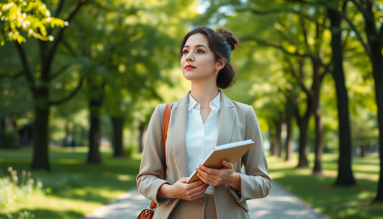 Envisioning an Ideal career, a woman reflects in a tranquil park setting.