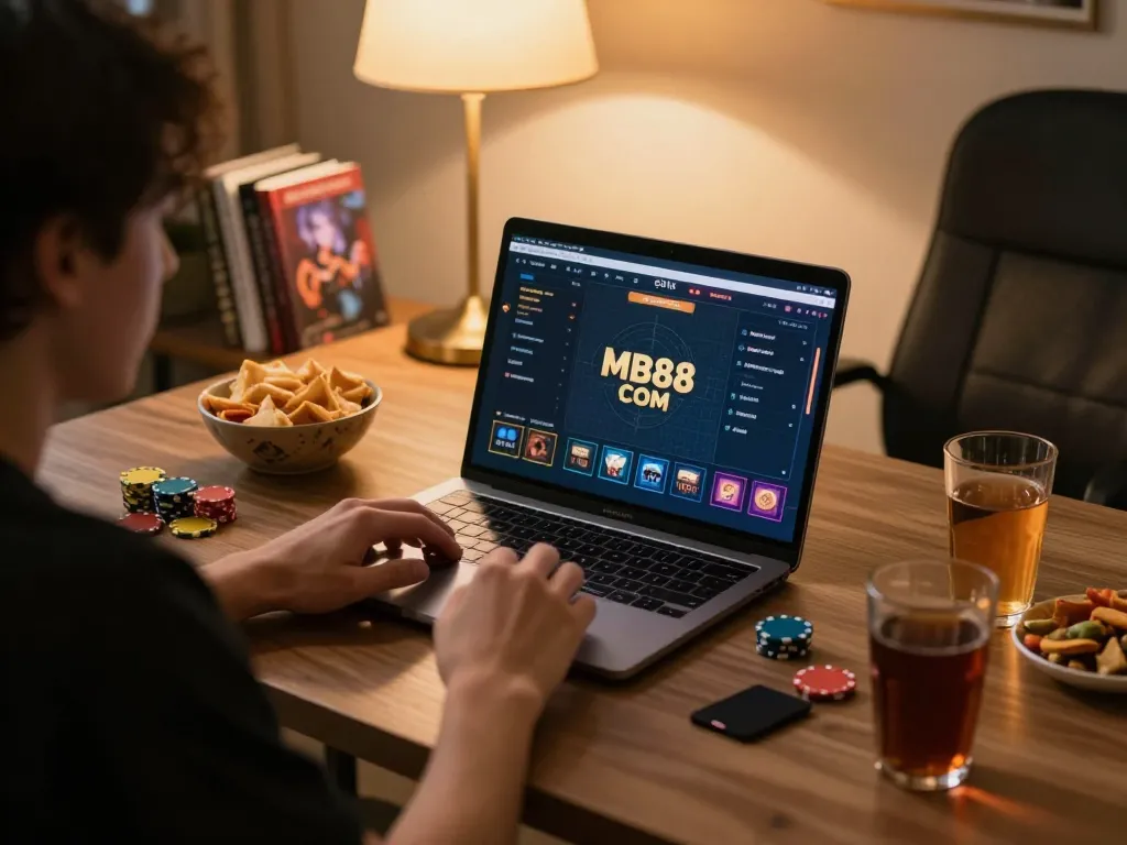 Player enjoying an online poker game at MB88 COM with engaging snacks and cozy lighting.