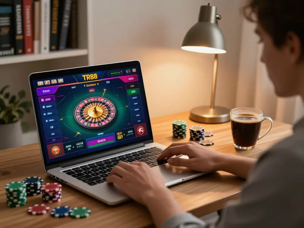 Engaging in TR88 online gaming with vibrant roulette wheel and cozy home setup.