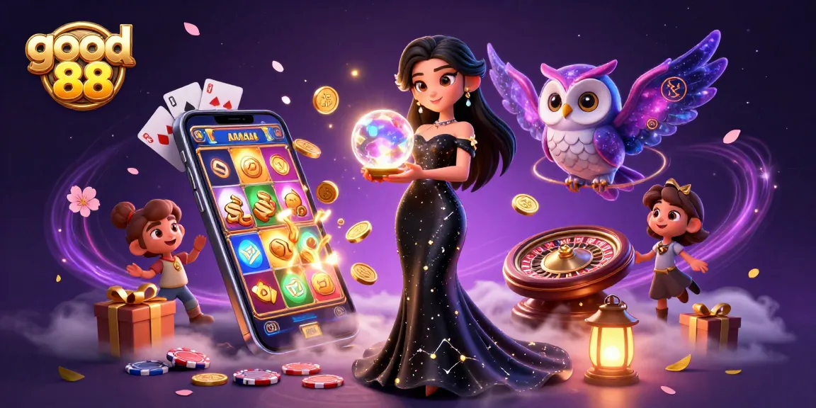 Engage in thrilling gaming with good 88 at this vibrant online casino scene, featuring diverse slots and casino elements.
