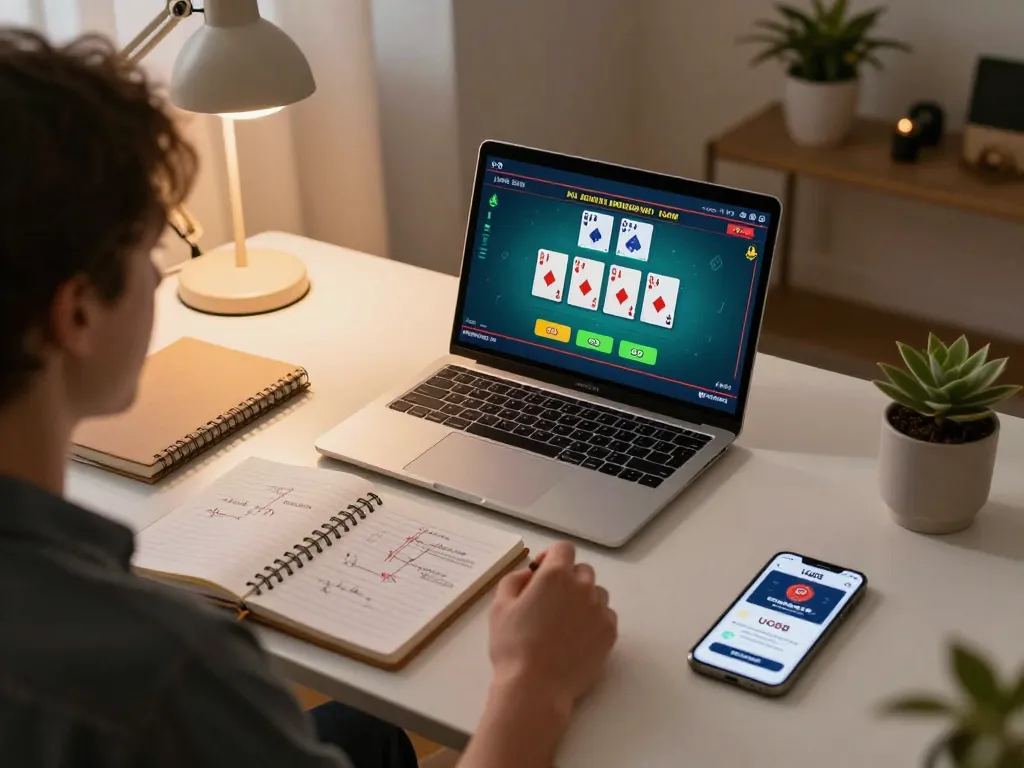 Engaging in live dealer blackjack on UG88 app at a cozy home desk with betting strategies.