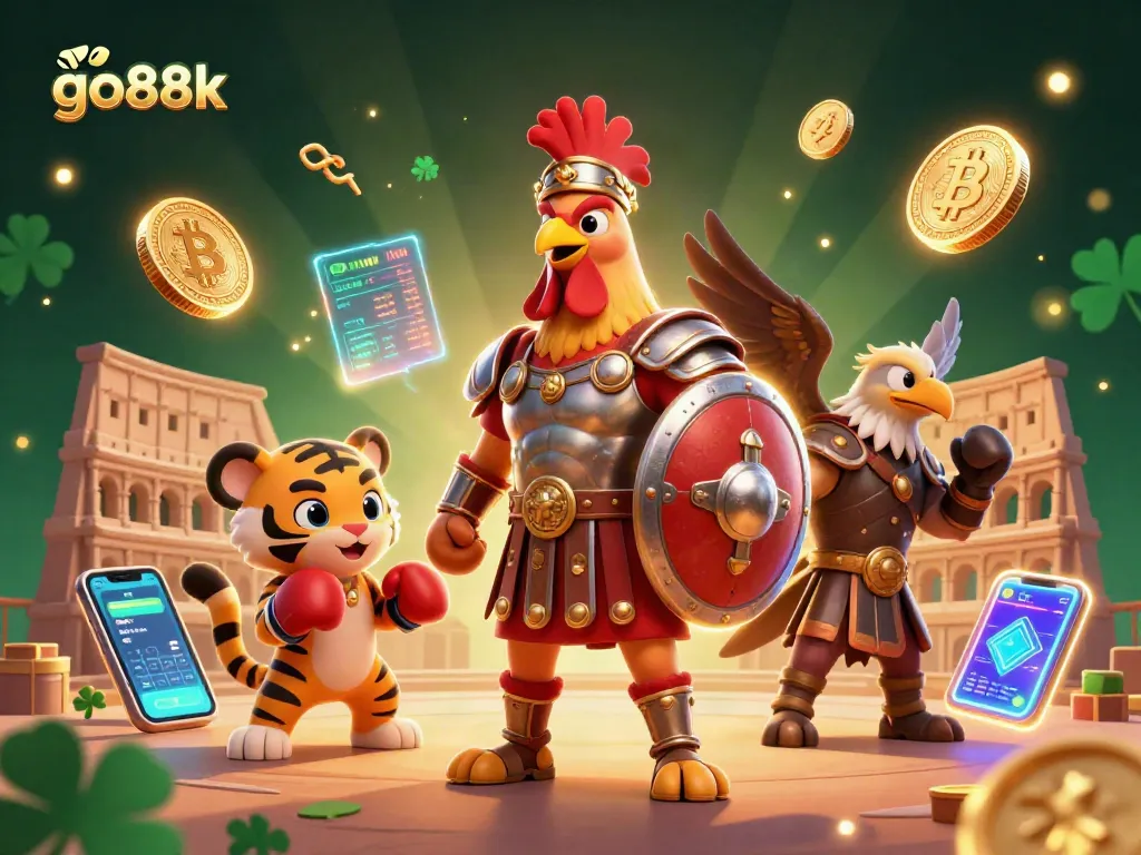 Engage with go88k's dynamic casino gaming scene featuring a gladiator rooster and crypto elements.