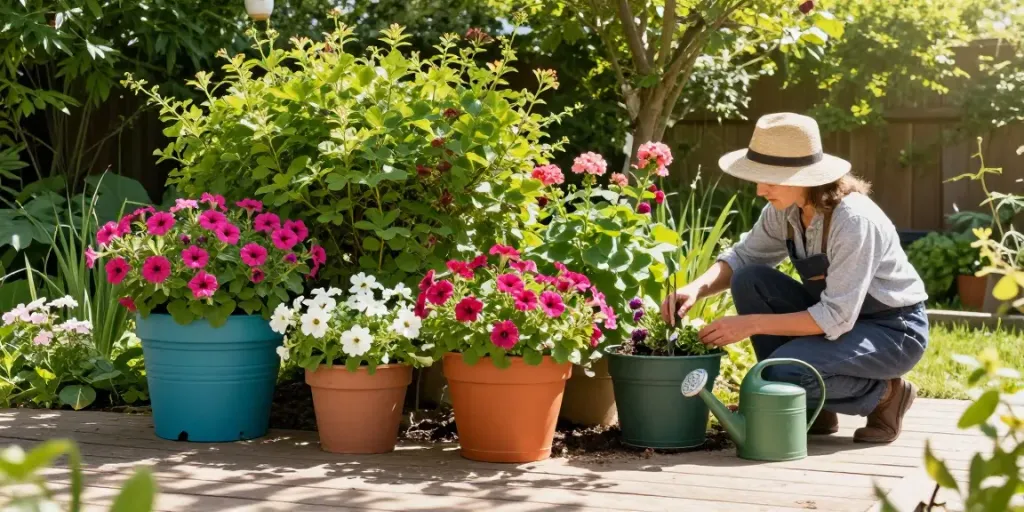 Colorful idealist planters with flowers in a serene backyard garden setting.