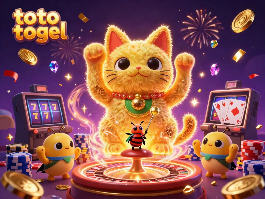 Experience the thrill of toto togel with a vibrant casino scene illustrating lucky symbols and celebratory elements.