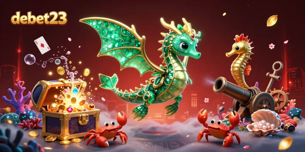 Witness the vibrant action of debet23 with a stunning sea dragon and treasure elements in an underwater casino realm.