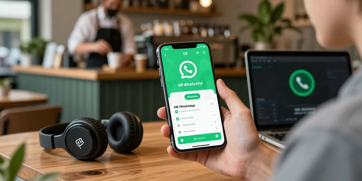 GB WhatsApp download shown on smartphone at a trendy café, illustrating modern app use.