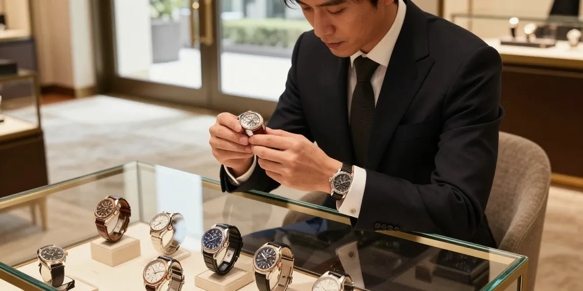 Examining super clone watches showcasing quality and detail in a luxury boutique.