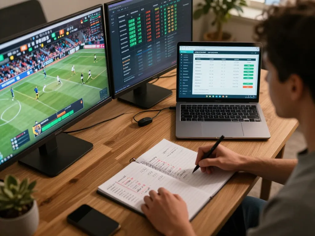 S666 player analyzing odds on multiple screens during a live sports bet.