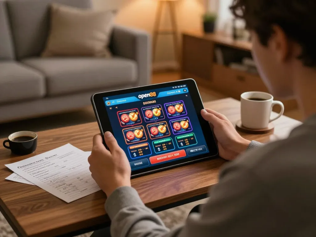 Engaging in online gaming with the open88 app in a cozy home environment, focusing on strategy and relaxation.