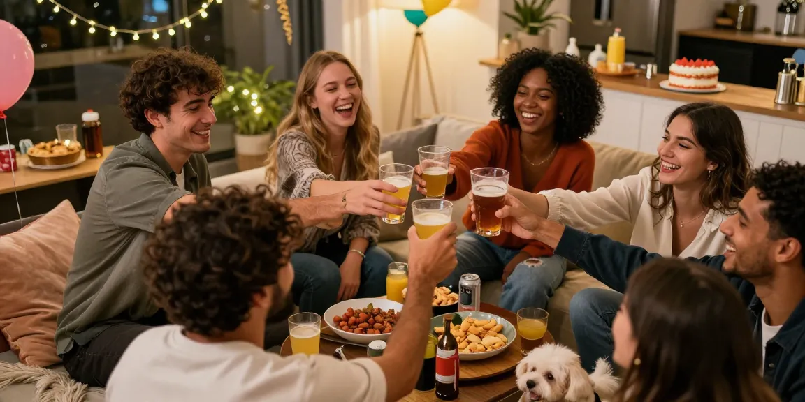 Celebration gathering with friends enjoying drinks in a festive atmosphere, highlighting nsfw content in social settings.