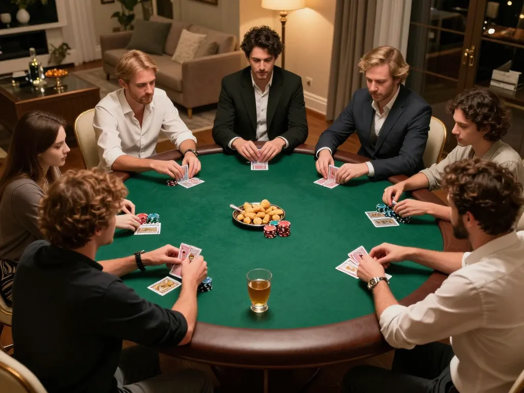 Players enjoying a heated poker game at home with EV99 strategically placed bets and engaging atmosphere.
