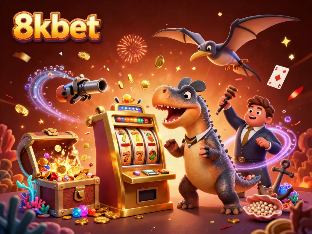 8xbet slot machine animated winning scene with cartoon dinosaurs celebrating a jackpot