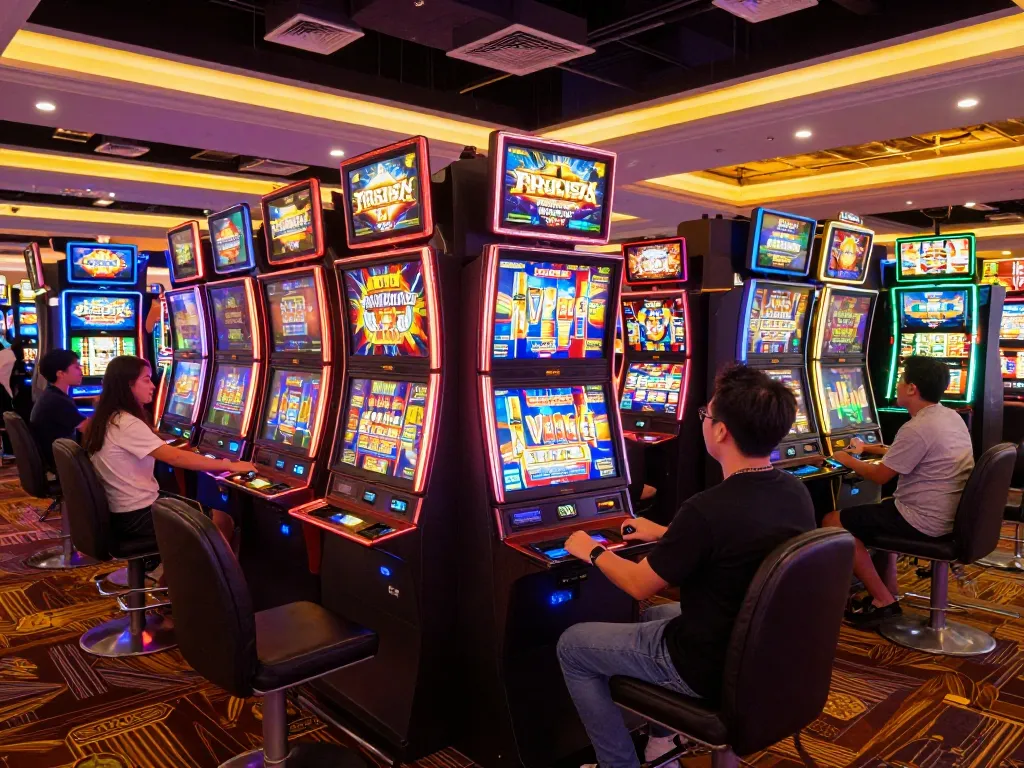 Players engaging with colorful slot machines in Malaysia's vibrant casino environment.