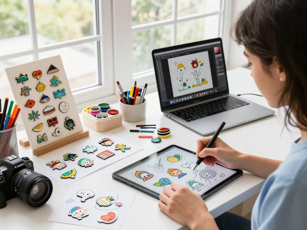 Custom enamel pins displayed amidst a vibrant artist workspace showcasing creativity and personalization.