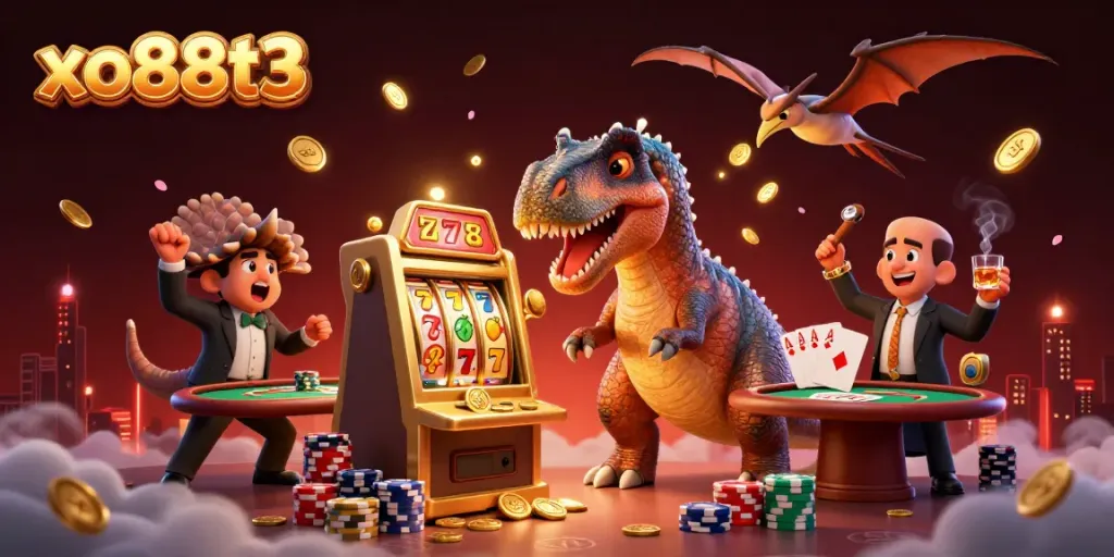Experience an energetic casino atmosphere with xo88t3 featuring a pachycephalosaurus hitting a jackpot.