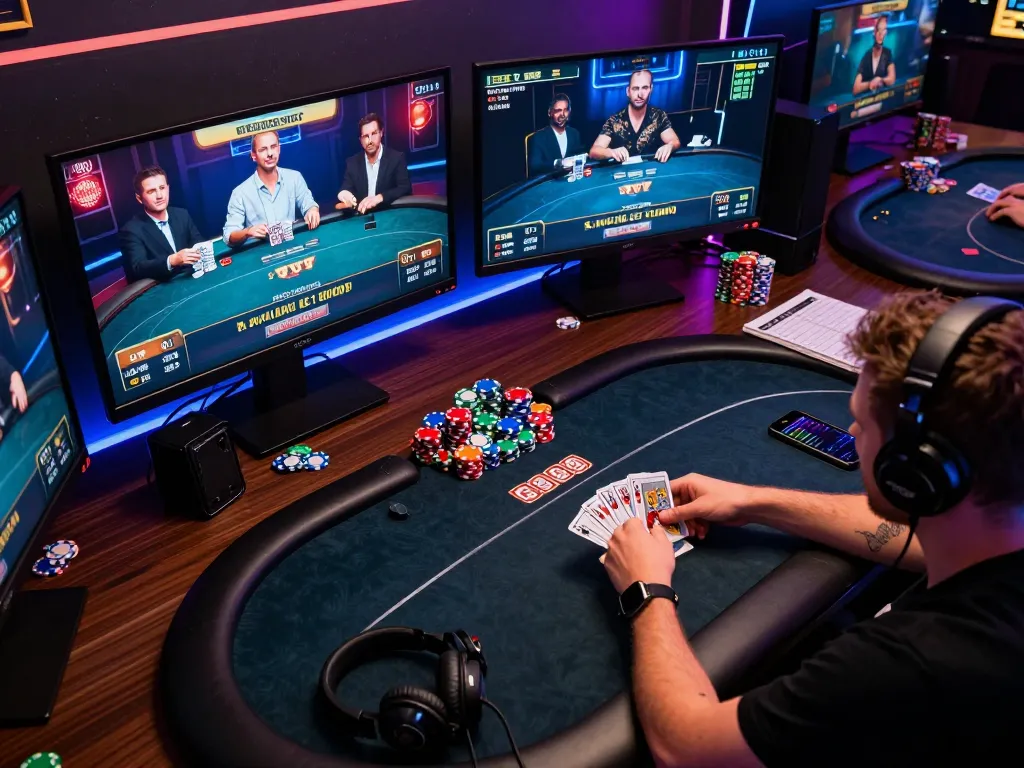 Player engaged in strategic online poker gameplay with cloud-africa interface, showcasing concentration and excitement.