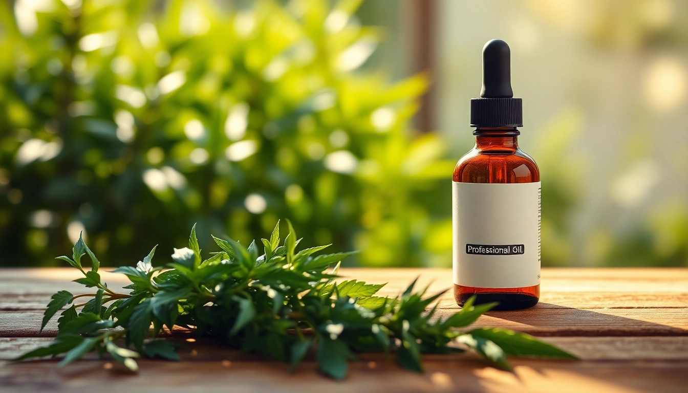 Showcasing the Best CBD oil for pain management UK with fresh herbs against a calming background.