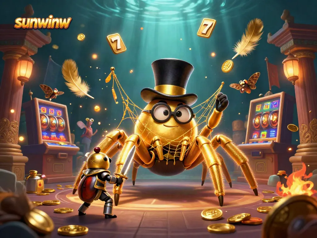 Sunwinw's thrilling casino atmosphere featuring a golden tarantula and knight amidst slot machines.