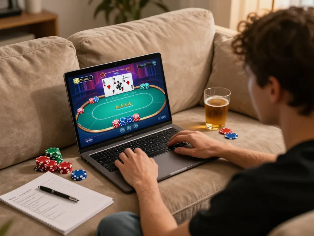 Player analyzing poker hands on their laptop at home while engaging with TR 88 gaming