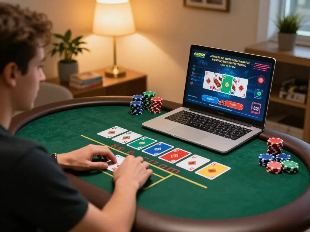 Player engaging with AE888 online poker from home, showcasing a lively gaming atmosphere.